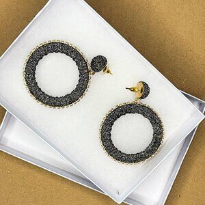 Black And Gold Jeweled Lightweight Hoop Earrings, 2", Party In Style, NWOT